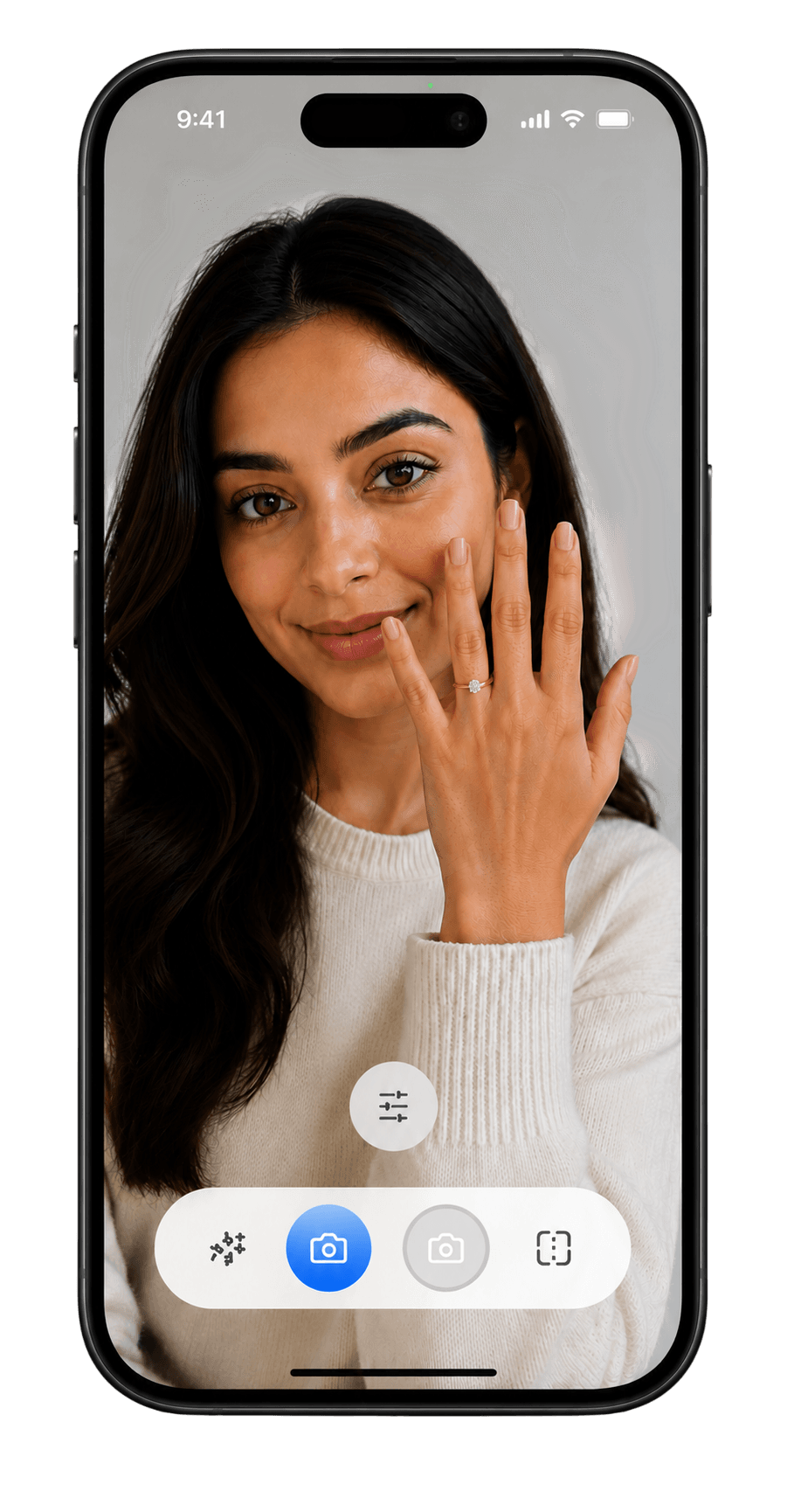 AR try-on preview — a diamond ring shown on a hand through the phone camera